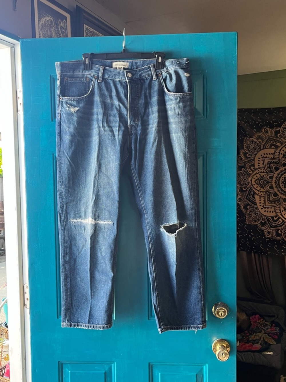 Madewell Blue Straight-Leg Distressed Jeans